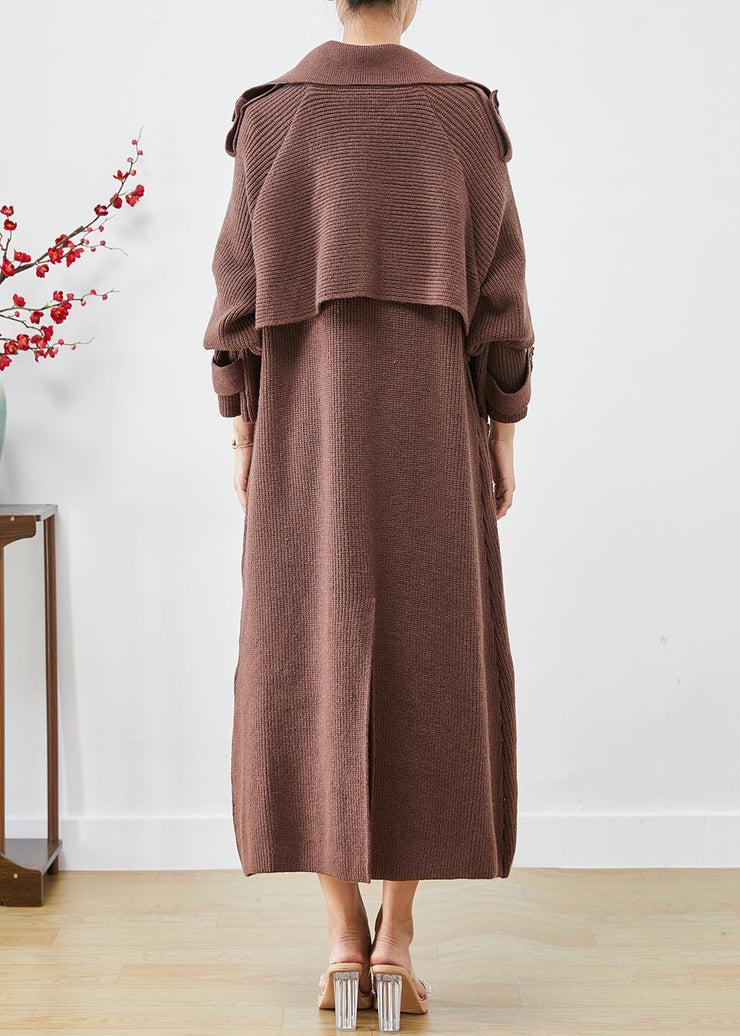 Chocolate Loose Knit Coat Outwear Double Breast Pockets Fall