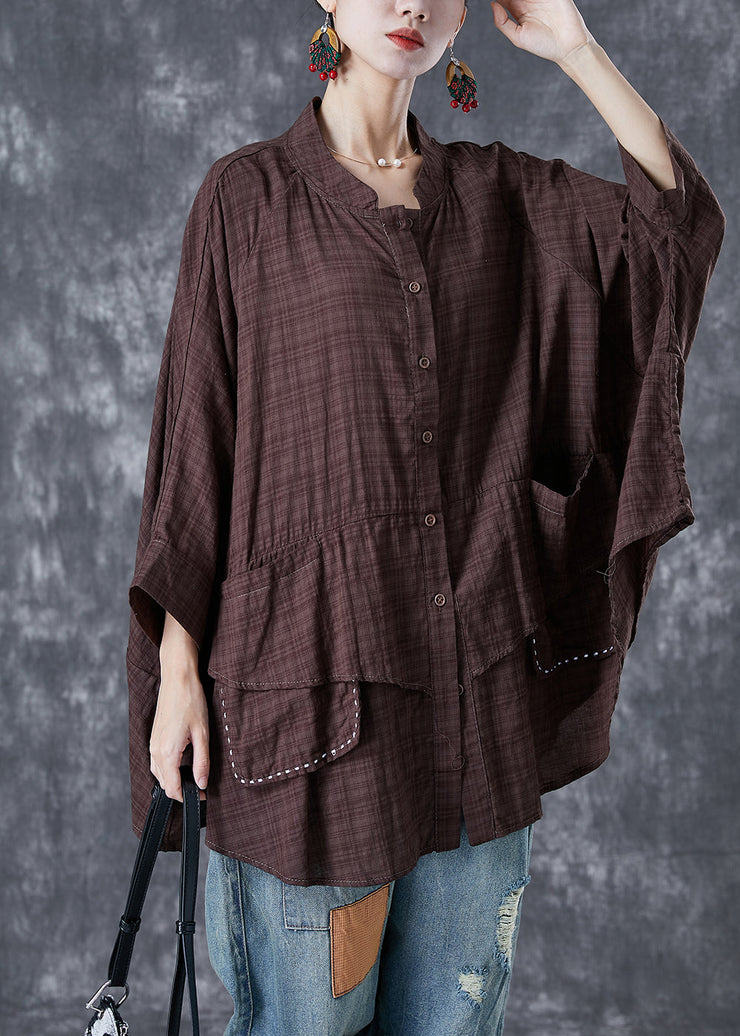 Chocolate Loose Linen Shirt Stand Collar Pockets Batwing Sleeve