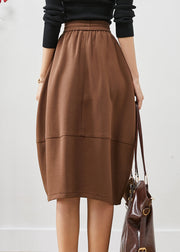 Chocolate Patchwork Cotton Skirts Elastic Waist Pockets Fall