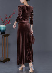 Chocolate Silm Fit Silk Velour Long Dresses V Neck Fall