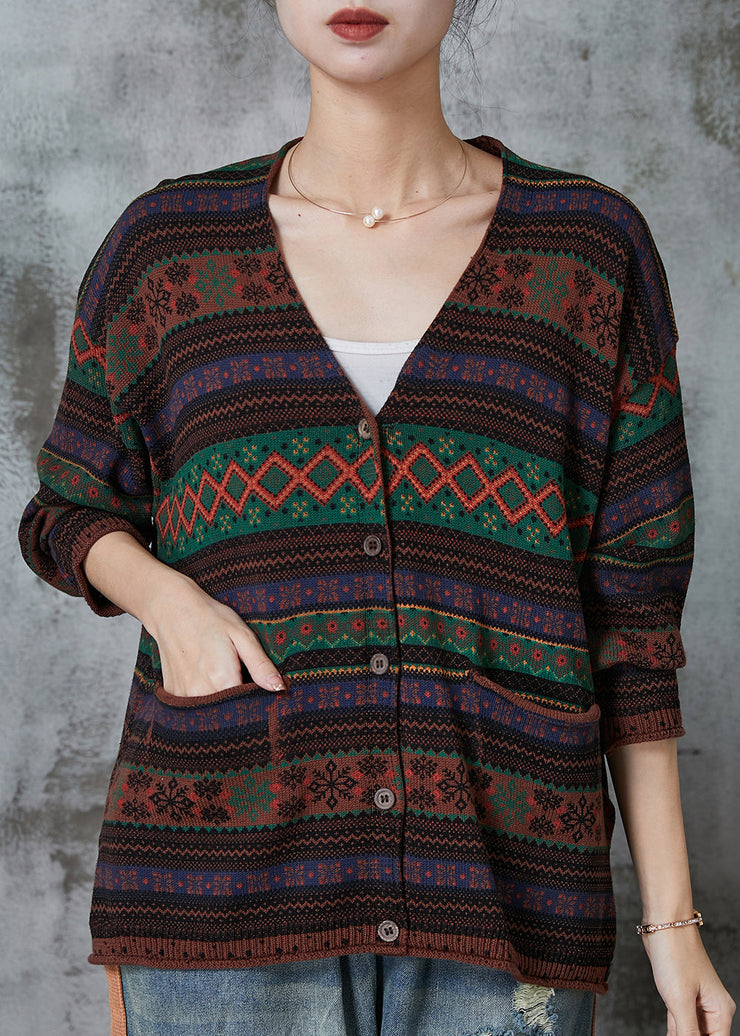 Chocolate Striped Knit Loose Cardigans V Neck Spring