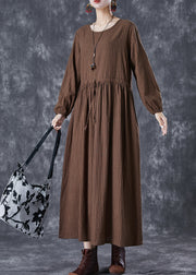 Chocolate Striped Linen Long Dress Cinched Fall