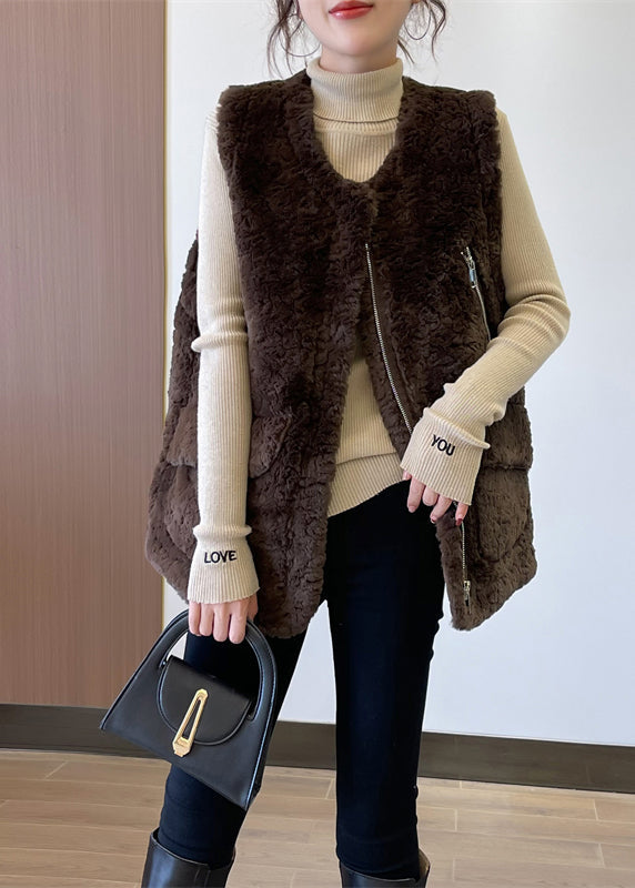 Chocolate Thick Faux Fur Teddy Vests Zip Up Pockets Winter