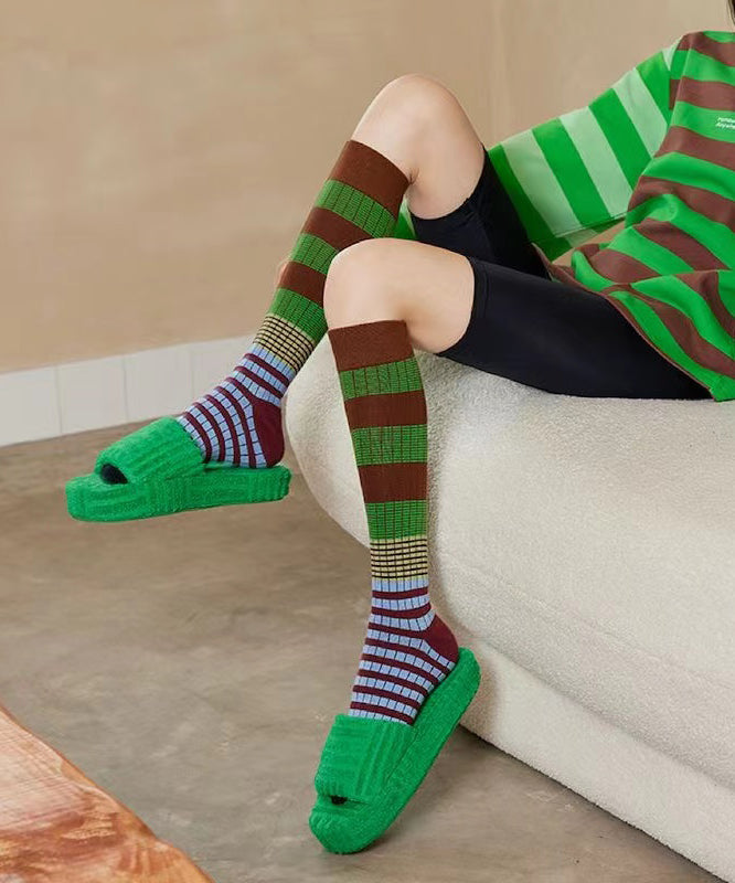 Classic Striped Contrasting Color Cotton Over The Calf Socks