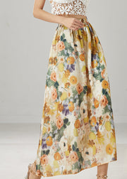 Classy Apricot Elastic Waist Print Linen Skirts Summer