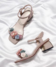 Classy Apricot Floral Buckle Strap Chunky Heel Sandals Peep Toe