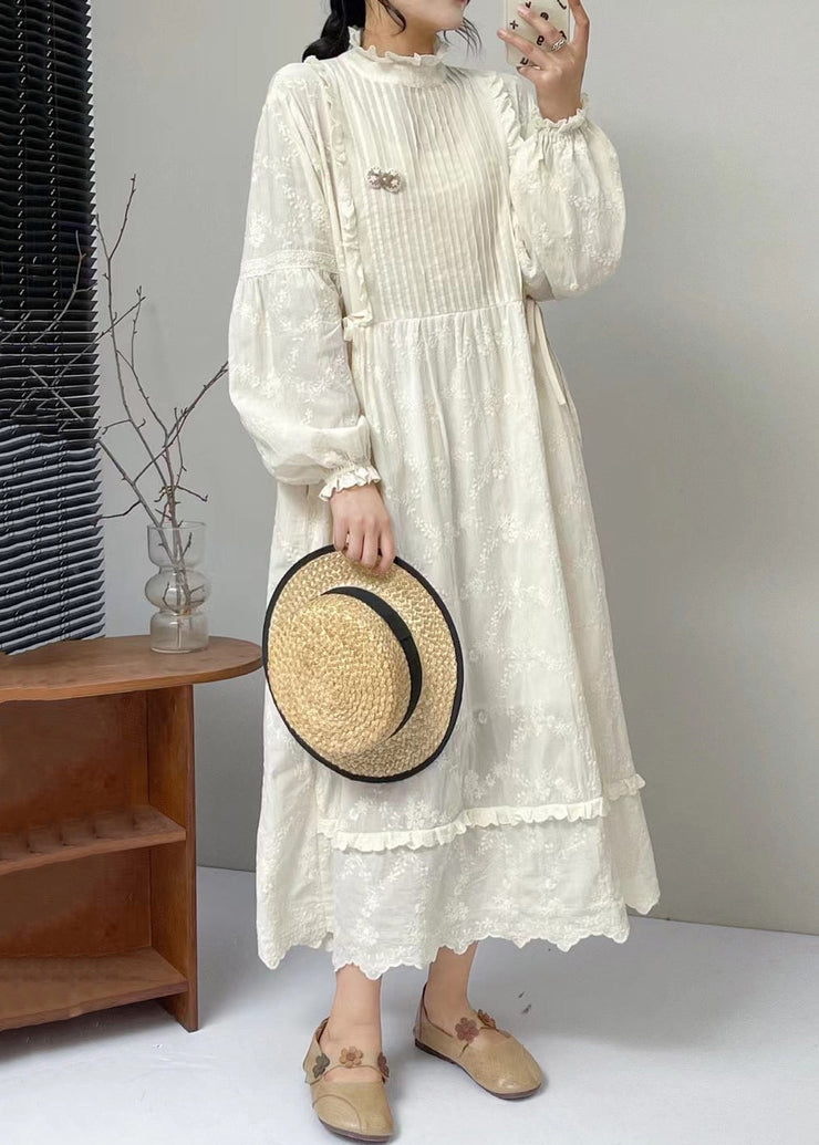 Classy Beige Embroideried Ruffled Lace Up Cotton Long Dress Spring