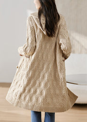 Classy Beige Hooded Pockets Knit Loose Cardigan Fall