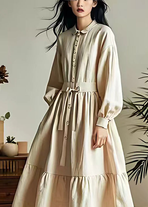 Classy Beige Lace Up Button Wrinkled Cotton Dresses Long Sleeve