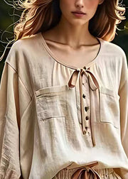 Classy Beige O Neck Lace Up Pockets Cotton Shirt Long Sleeve