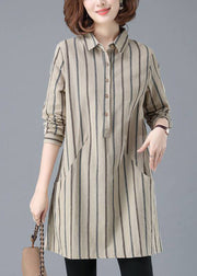 Classy Beige Peter Pan Collar Striped Button Shirt Long Sleeve