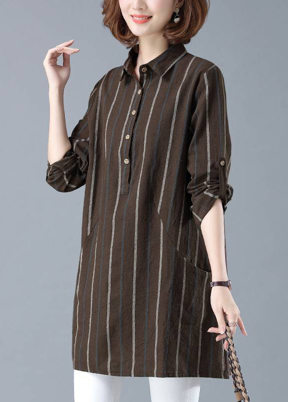 Classy Beige Peter Pan Collar Striped Button Shirt Long Sleeve