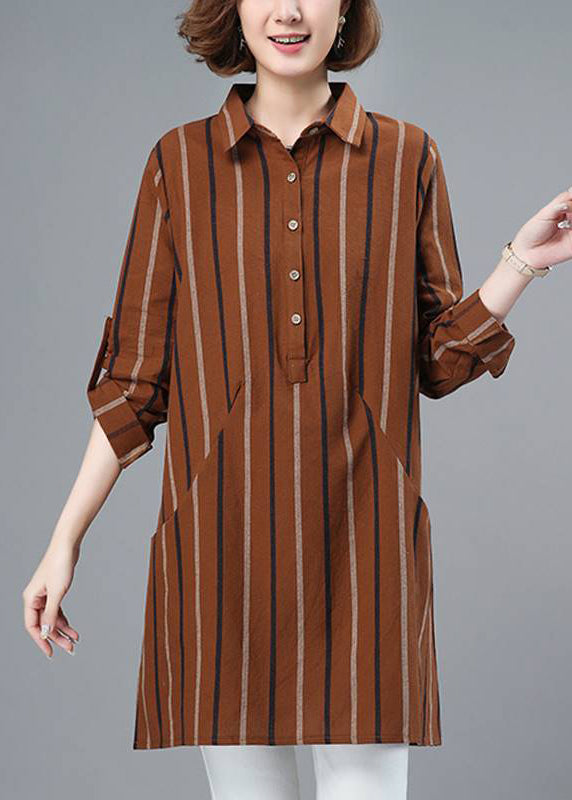 Classy Beige Peter Pan Collar Striped Button Shirt Long Sleeve