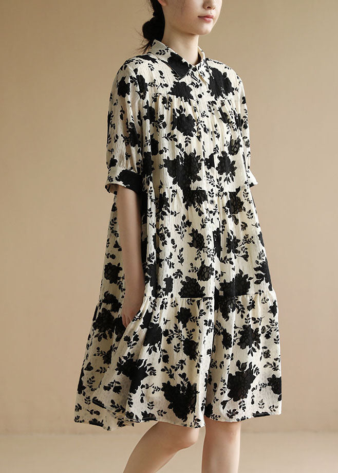 Classy Beige Peter Pan Collar Wrinkled Black Floral Party Dress Short Sleeve