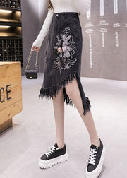 Classy Black Asymmetrical Design Embroideried Tassel Denim Skirts Spring