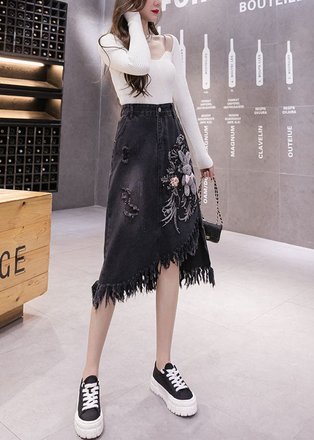 Classy Black Asymmetrical Design Embroideried Tassel Denim Skirts Spring