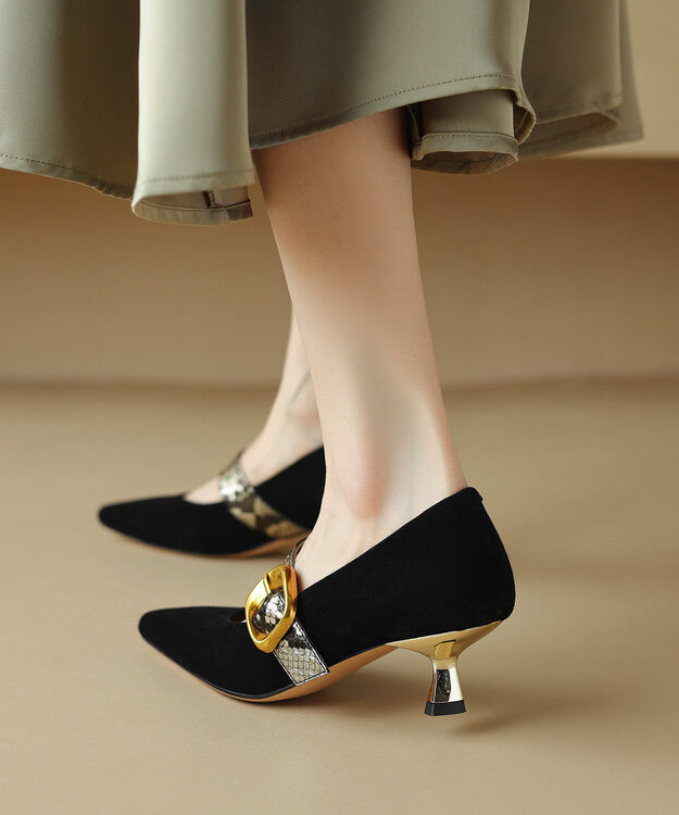 Classy Black Buckle Strap Splicing Stiletto High Heels Pointed Toe