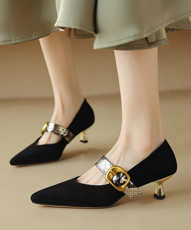 Classy Black Buckle Strap Splicing Stiletto High Heels Pointed Toe