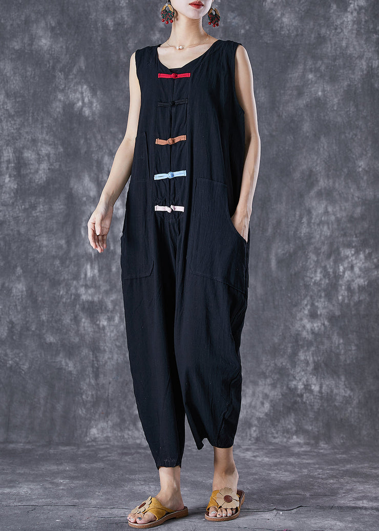 Classy Black Chinese Button Pockets Linen Jumpsuits Sleeveless