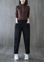 Classy Black Elastic Waist Patchwork Warm Fleece Denim Pants Winter