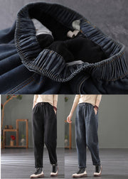 Classy Black Elastic Waist Pockets Warm Fleece Denim Pants Spring