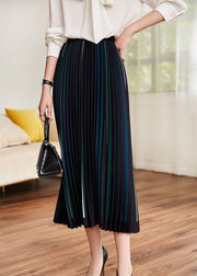 Classy Black Elastic Waist Striped Silk Pleated Skirt Spring