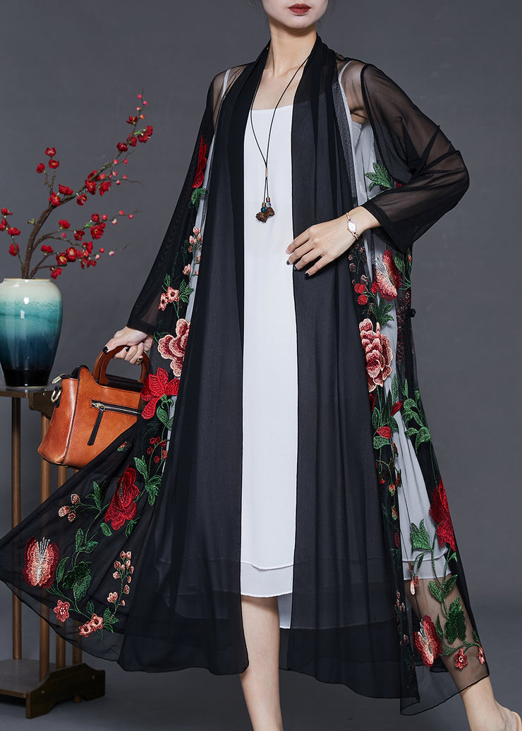 Classy Black Embroidered Floral Tulle Loose Cardigan Summer