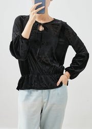 Classy Black Jacquard Tie Neck Silk Velour Tops Fall