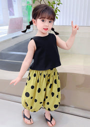 Classy Black O-Neck Print Girls Top And Crop Pants Two Piece Set Summer