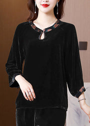 Classy Black O Neck Print Patchwork Silk Velour Shirt Spring