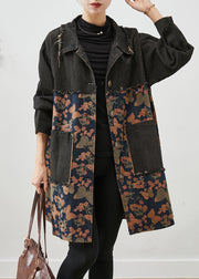 Classy Black Oversized Patchwork Print Denim Coats Fall