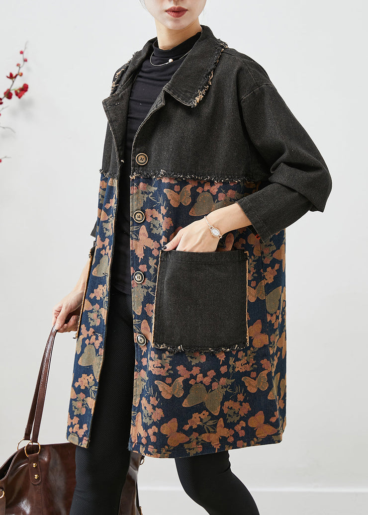 Classy Black Oversized Patchwork Print Denim Coats Fall