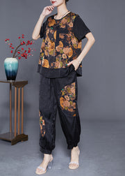 Classy Black Oversized Patchwork Print Silk Women Sets 2 Pieces Summer