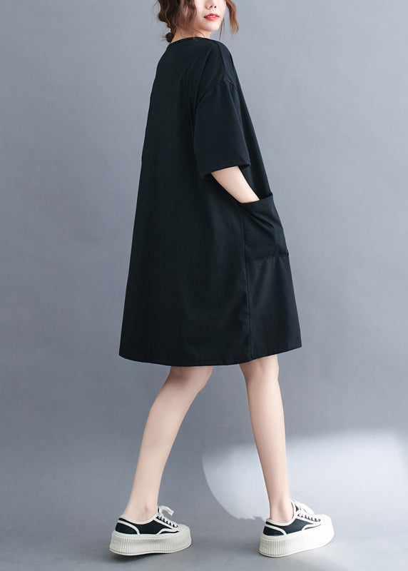 Classy Black Oversized Pockets Cotton Mid Dress Summer