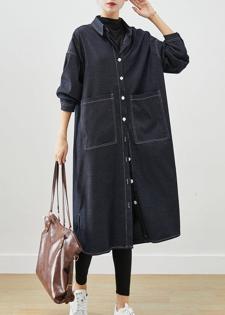 Classy Black Oversized Pockets Side Open Denim Trench Coats Fall