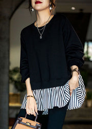 Classy Black Oversized Striped Patchwork Cotton Sweatshirt Streetwear Fall