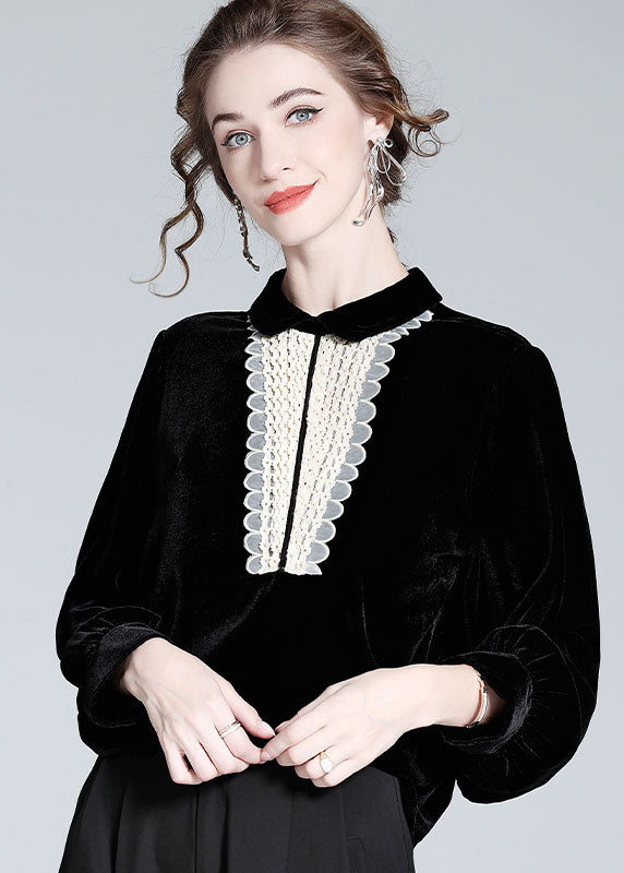 Classy Black Peter Pan Collar Lace Patchwork Silk Velour Top Spring