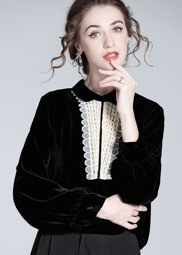 Classy Black Peter Pan Collar Lace Patchwork Silk Velour Top Spring