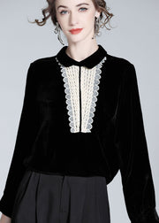 Classy Black Peter Pan Collar Lace Patchwork Silk Velour Top Spring