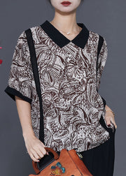 Classy Black Peter Pan Collar Print Chiffon Shirt Top Summer