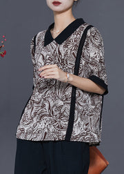 Classy Black Peter Pan Collar Print Chiffon Shirt Top Summer