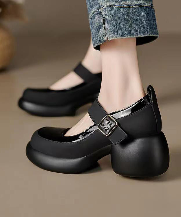 Classy Black Platform Genuine Leather Buckle Strap High Heels