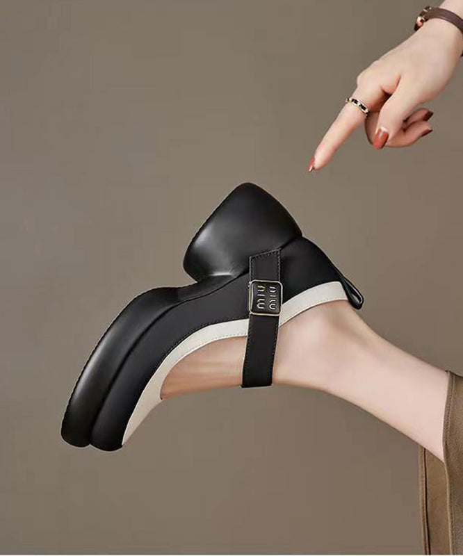 Classy Black Platform Genuine Leather Buckle Strap High Heels