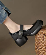 Classy Black Platform Genuine Leather Buckle Strap High Heels