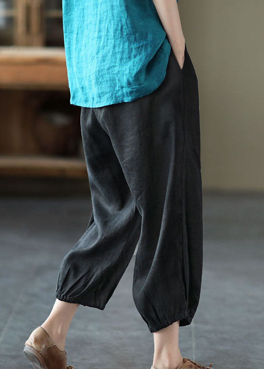 Classy Black Pockets Patchwork Linen Harem Pants Summer