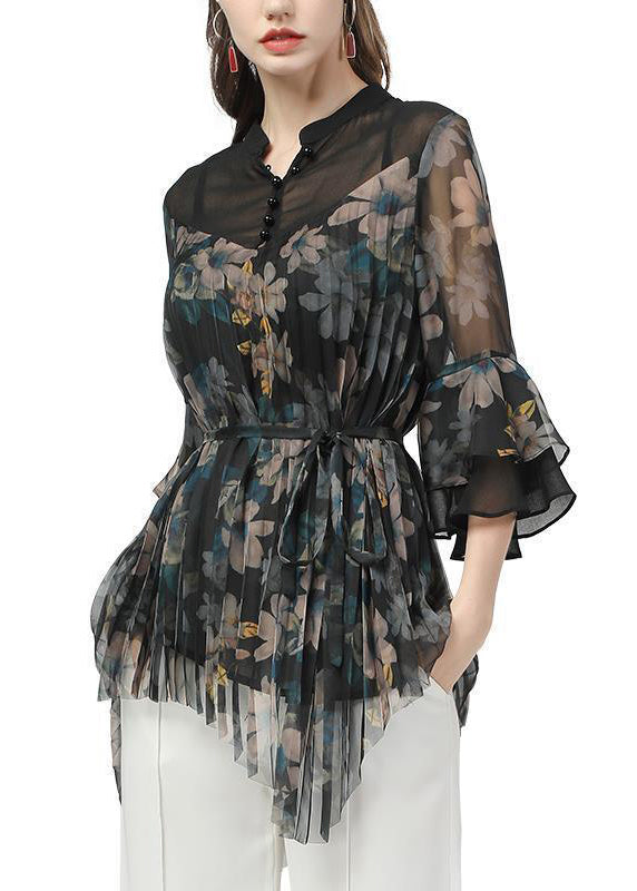 Classy Black Print Wrinkled Tie Waist Chiffon Blouse Flare Sleeve