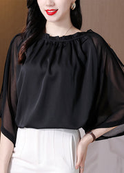 Classy Black Ruffled Patchwork Chiffon Shirts Bracelet Sleeve