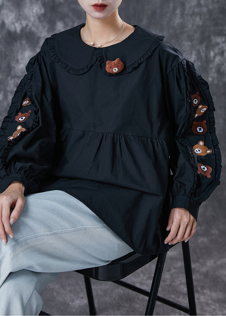 Classy Black Ruffled Pockets Cotton Sweatshirts Top Spring