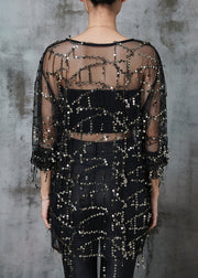 Classy Black Sequins Hollow Out Tulle Tops Summer