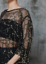 Classy Black Sequins Hollow Out Tulle Tops Summer